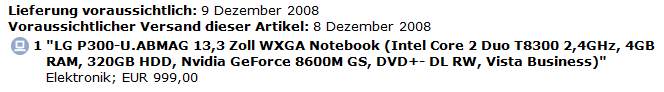 eMail der Rechnung nach der Bestellung vom P300 ABMAG am 08.12.2008
