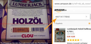 Der Strichcode wird von der App in das Amazon Suchfeld eingetragen und das Produkt angezeigt