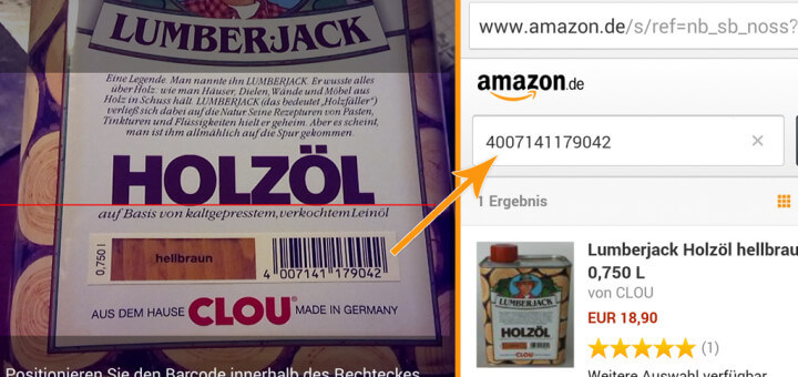 Der Strichcode wird von der App in das Amazon Suchfeld eingetragen und das Produkt angezeigt